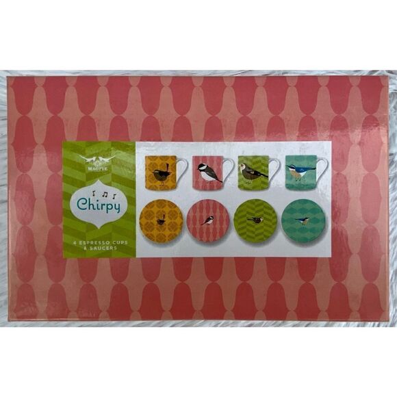 NEW Magpie Chirpy Whimsical Birds Set Of 4 Espresso Cups & Saucers - Picture 2 of 14